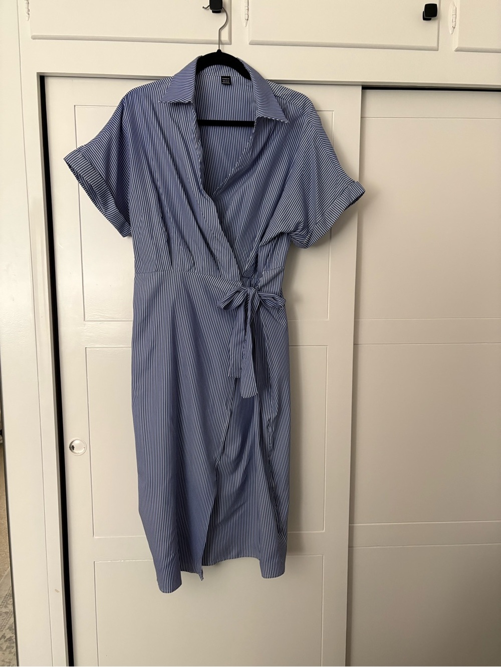 SHEIN Women’s Blue Pinstripe Wrap Midi Dress 12